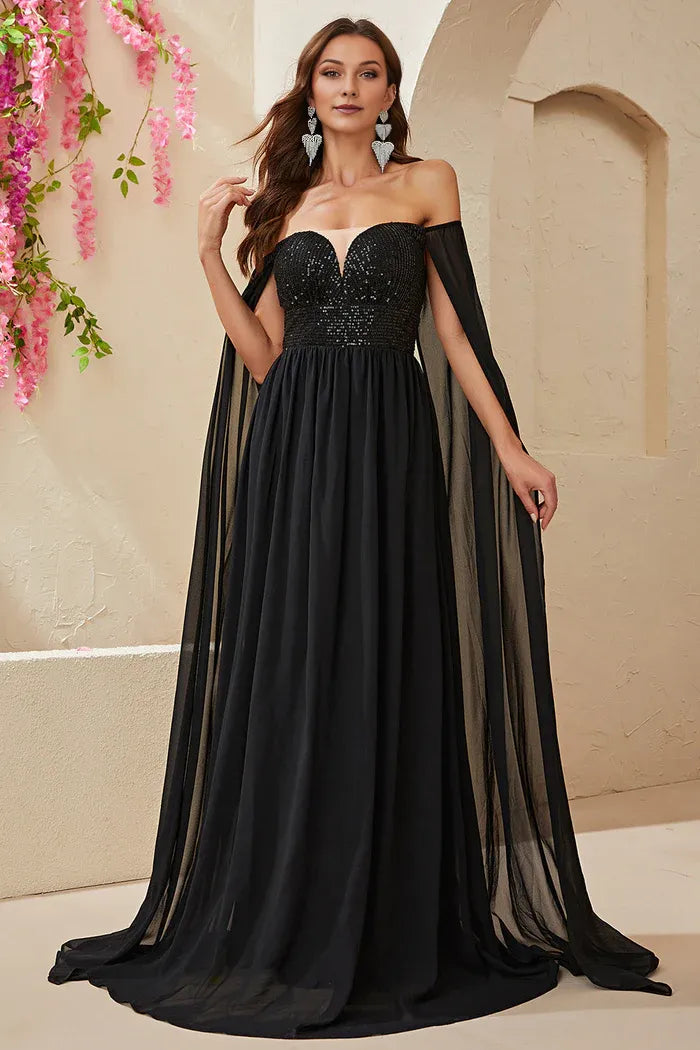 Weitese Dress Black A-line Off The Shoulder Chiffon Party Dress Maxi Dress Sleeveless With Sequins Prom Dress